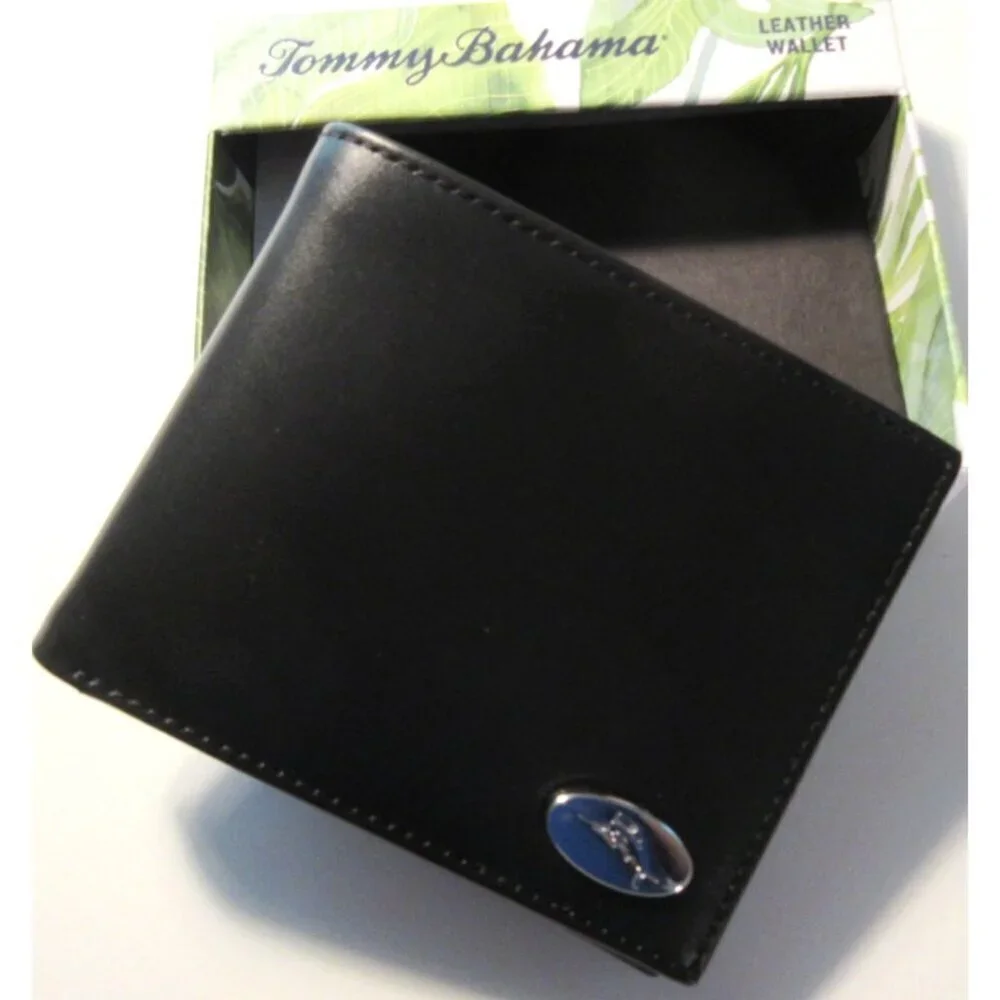 Tommy Bahama Men's Slim Bi Fold Black Genuine Leather Wallet Embossed Marlin NIB